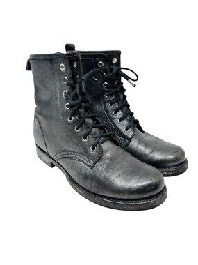 Frye Veronica Combat Boots Women's 8.5 Black Metallic Leather Lace Up Ankle
